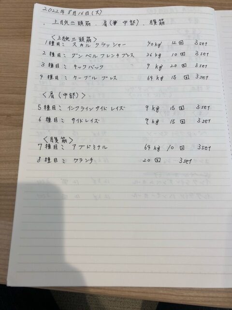 【筋トレ日記】減量9日目　上腕三頭筋、肩（中部）、腹筋｜重量を更新することができた！